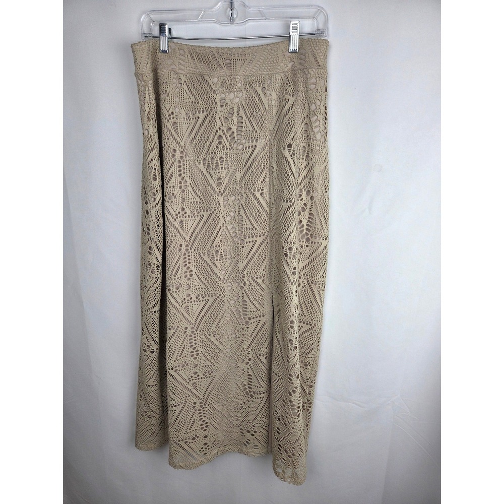 Chico's Maxi Skirt 1 Tan Crochet Lace Side Slit Lined Boho Elastic Waist Neutral